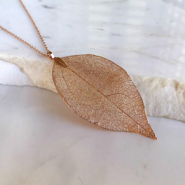 Real leaf necklace, long statement rose gold necklace, leaf pendant, natural jewelry, unique gift for women, gift for wife, gift for her