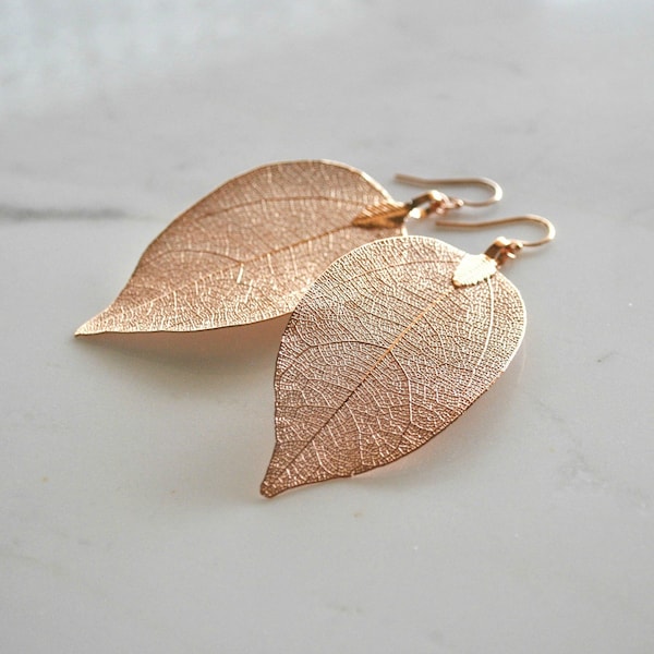 Echtes Blatt Ohrringe, Rose gold Blatt Ohrringe, Natürlicher Schmuck, einzigartiges Geschenk für sie, Rose Gold Hochzeit Ohrringe, leichte Ohrringe