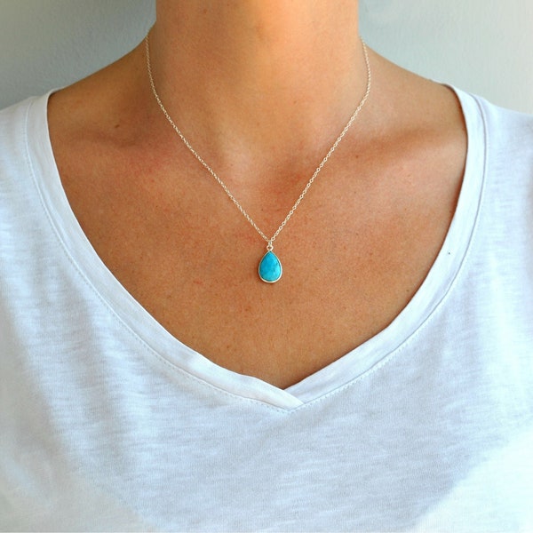 Collier turquoise en argent sterling, pendentif goutte turquoise véritable pour femme, cadeau bijoux turquoise en pierre bleue délicate pour son cadeau d'amis