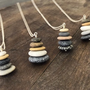 Beach stone necklace, sterling silver, cairn necklace, stacked raw stones, beach pebble pendant, boho necklace, natural jewelry gift for her