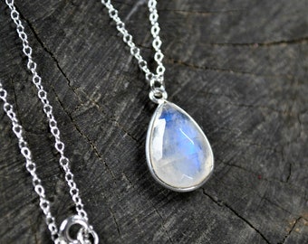 Genuine Moonstone Necklace, Sterling Silver, Rainbow Moonstone Pendant, June Birthstone, Dainty Moonstone Jewelry, Handmade Gift for women