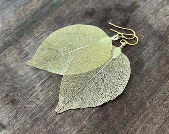 Real leaf earrings, 24K Gold leaf earrings dangle, Boho earrings, Gold drop earrings, Statement earrings, Veined leaves, Unique gift for her