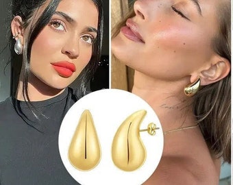 Pendientes de gota de agua, pendientes de oro, declaración colgante, pendientes de imitación de lágrima, pendientes colgantes de cúpula gruesa, inspirados en Bottega, pendientes Kylie