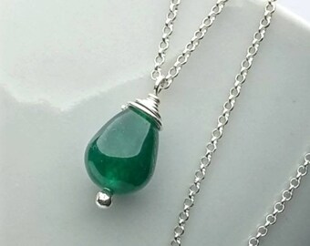 Forest Green Jade Necklace for Women, Green Drop Necklace, Delicate Sterling Silver Chain, Jade Pendant, Jade Jewelry, Gift for her KN523