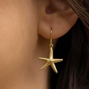 Golden Starfish Earrings, Gold Sea Star Dangle Earrings, Ocean Inspired Boho Jewelry, Beach Jewelry Gift for Women, Under the Sea Earrings