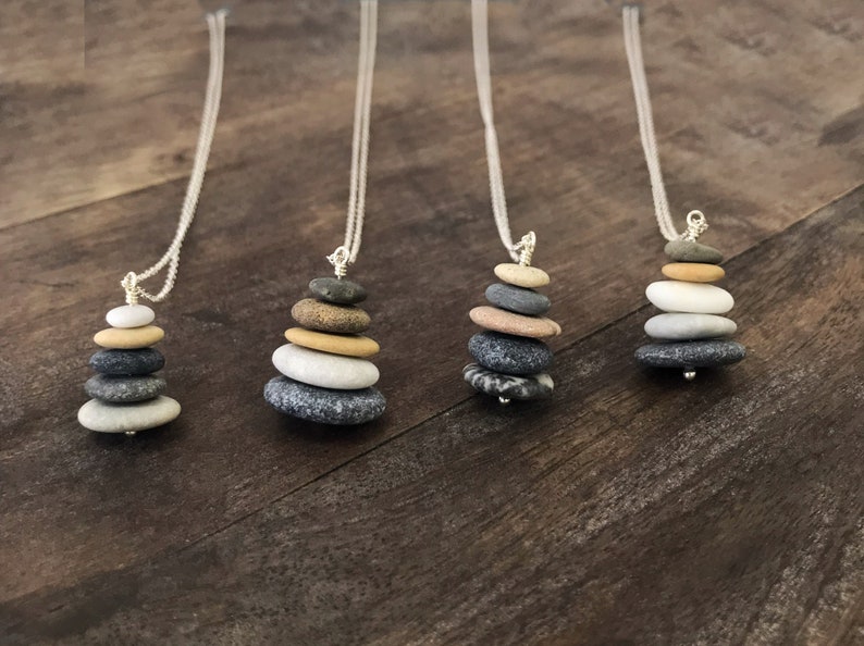 Beach stone necklace, sterling silver, cairn necklace, stacked raw stones, beach pebble pendant, boho necklace, natural jewelry gift for her image 7