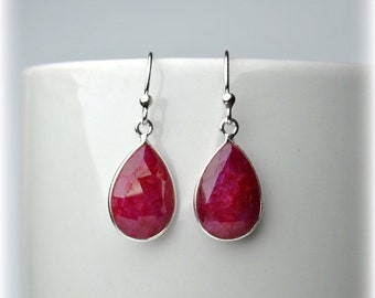 Genuine Ruby Earrings in Sterling Silver 925 | Red Stone Teardrop Earrings | Ruby Jewerly for women | July Birthstone Jewelry Gift for her