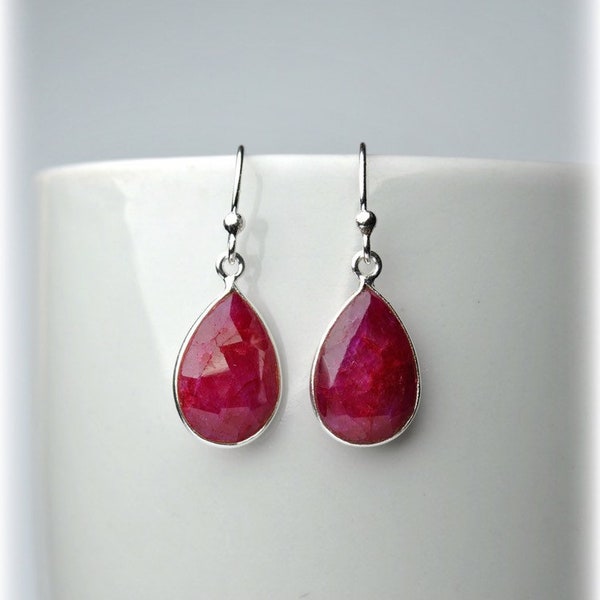 Genuine Ruby Earrings in Sterling Silver 925 | Red Stone Teardrop Earrings | Ruby Jewerly for women | July Birthstone Jewelry Gift for her