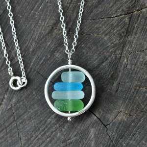 Genuine Sea Glass Necklace Sterling Silver, Sea Glass Jewelry, Circle Necklace Green Blue Handmade Jewelry Unique Gift For Women Friend Gift image 10