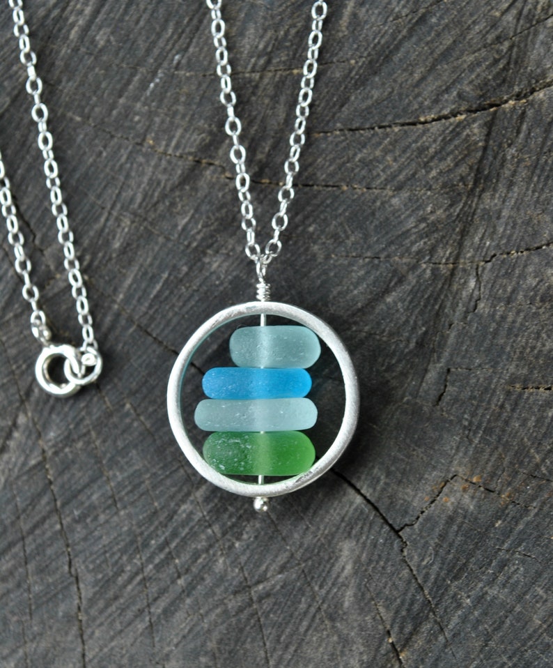 Genuine Sea Glass Necklace Sterling Silver, Sea Glass Jewelry, Circle Necklace Green Blue Handmade Jewelry Unique Gift For Women Friend Gift image 10