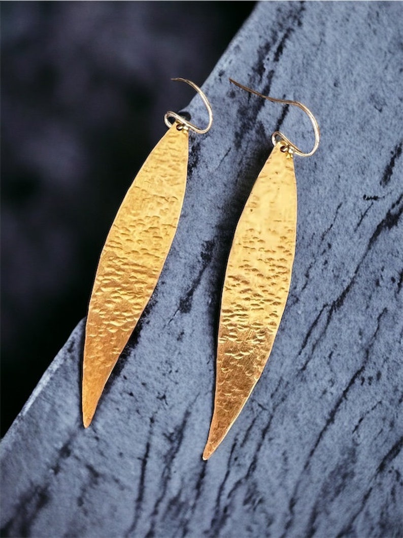 Olive leaf earrings, hammered gold dangle earrings, handmade brass lightweight earrings made in Greece, statement boho earrings gift for her image 7