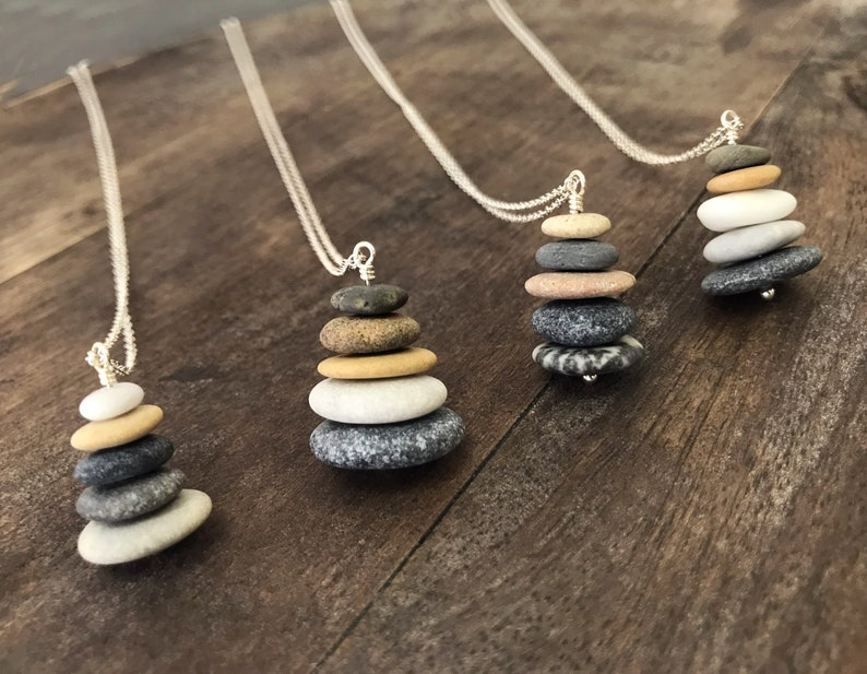 Beach stone necklace, sterling silver, cairn necklace, stacked raw stones, beach pebble pendant, boho necklace, natural jewelry gift for her image 10