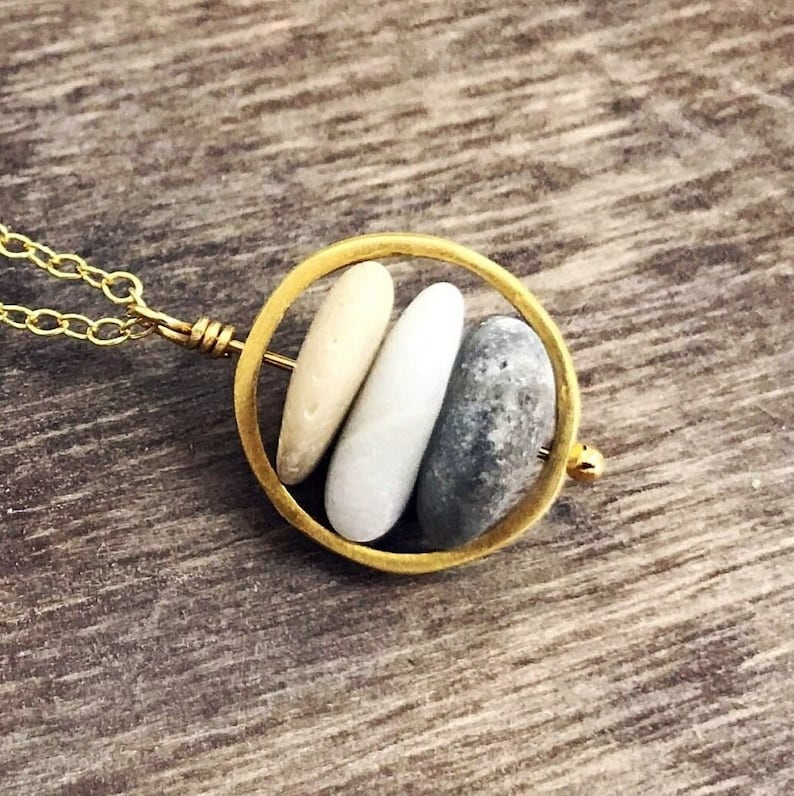 3 Stacked beach stone necklace, rock necklace, natural jewelry, gold beach pebble pendant, cairn necklace, raw stone necklace, gift for her image 5