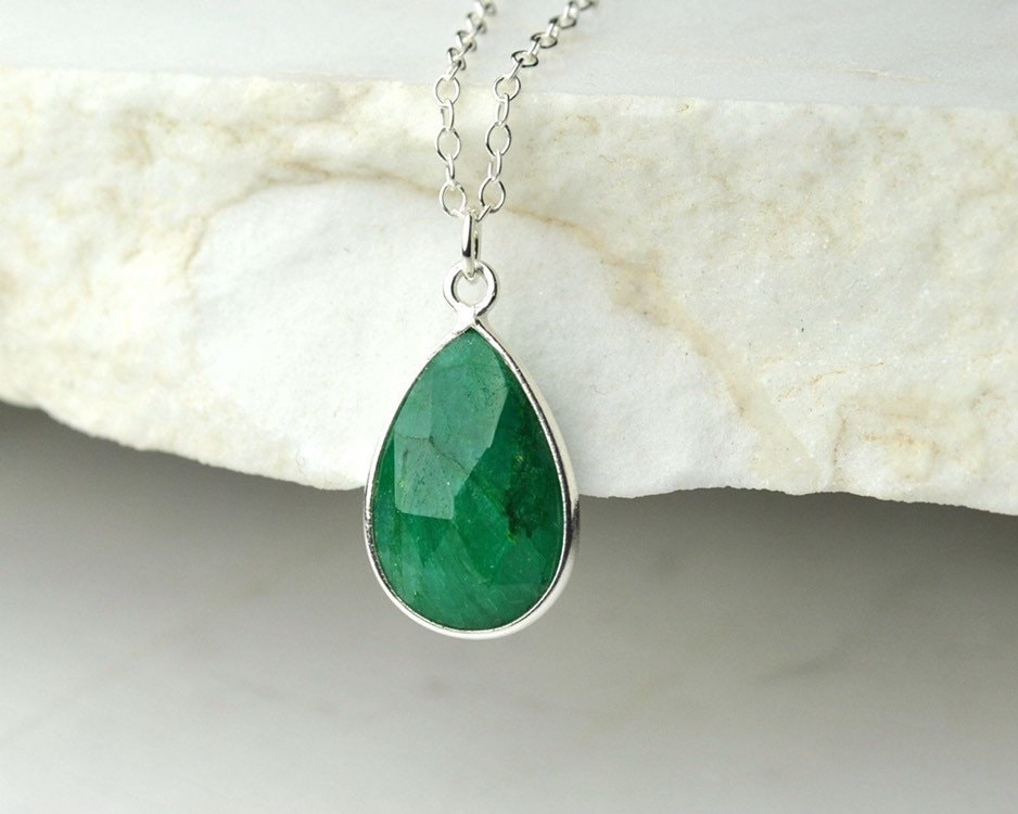 Genuine Raw Emerald Necklace Sterling Silver Forest Green Stone Necklace Emerald Pendant Green Drop Necklace May Birthstone Emerald Jewelry