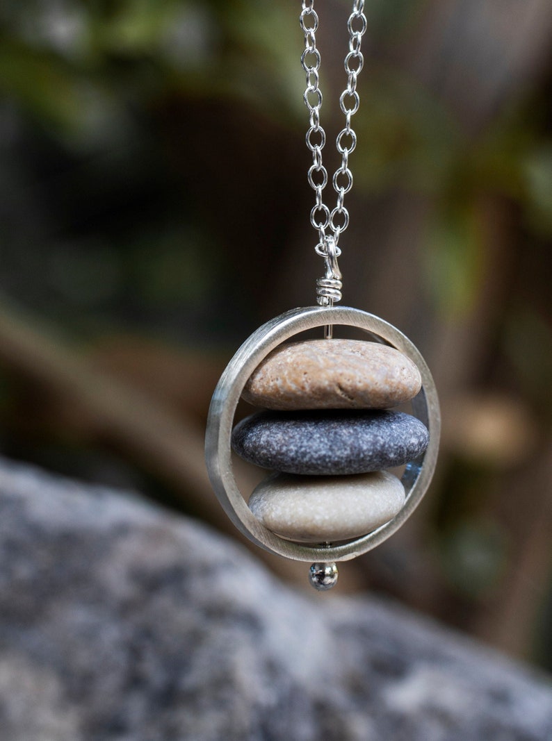 Beach stone necklace, Sterling silver, Stacked raw stone necklace, Cairn necklace, Beach pebble pendant, Natural jewelry, Gift for her image 5