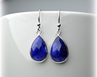 Pendientes de zafiro genuinos plata de ley / joyería de piedra de nacimiento de septiembre / pendientes colgantes azules / mujeres jewerly de zafiro / regalo para ella KE713