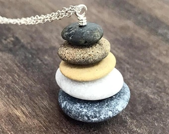Natural Beach Stone Necklace, Sterling Silver, Beach Rock Necklace, Cairn Necklace, Stacking Pebbles, Raw Stones, Beach Jewelry Gift for Her