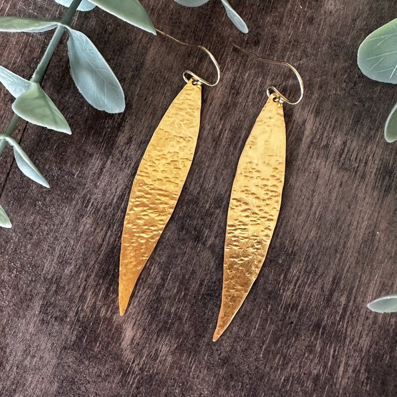 Olive leaf earrings, hammered gold dangle earrings, handmade brass lightweight earrings made in Greece, statement boho earrings gift for her image 1