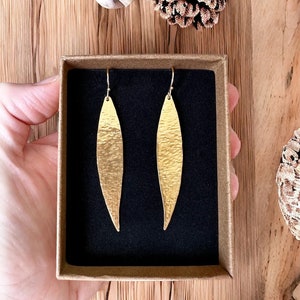 Olive leaf earrings, hammered gold dangle earrings, handmade brass lightweight earrings made in Greece, statement boho earrings gift for her image 4