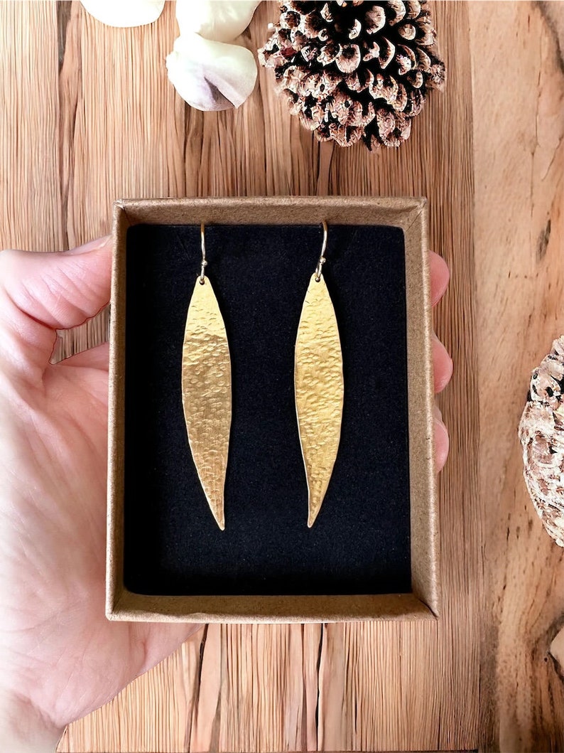 Olive leaf earrings, hammered gold dangle earrings, handmade brass lightweight earrings made in Greece, statement boho earrings gift for her image 4