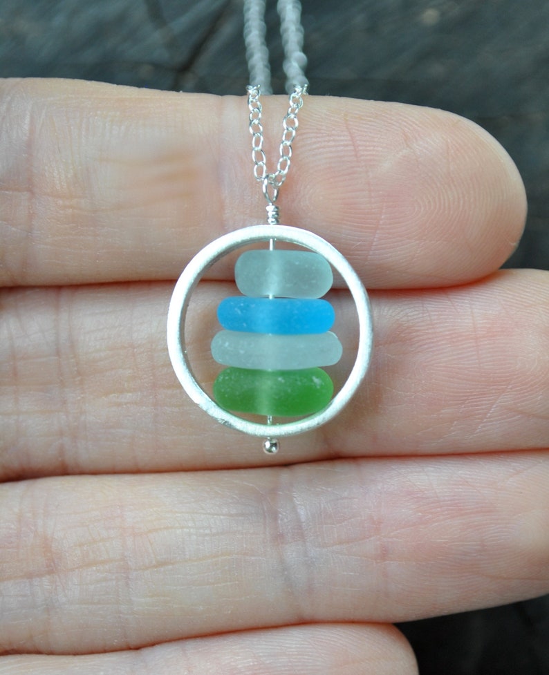 Genuine Sea Glass Necklace Sterling Silver, Sea Glass Jewelry, Circle Necklace Green Blue Handmade Jewelry Unique Gift For Women Friend Gift image 2