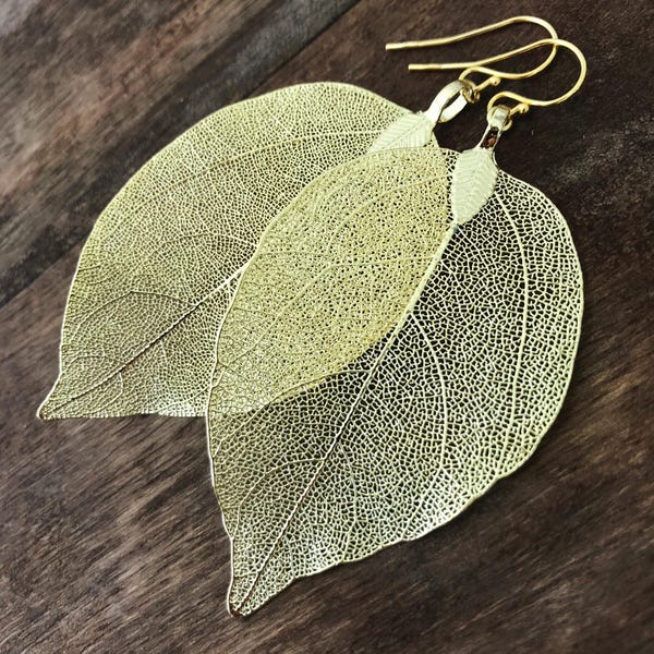 Gold Leaf Earrings: Skeletonized Magnolia Leaves, 18k Gold Vermeil Sterling Silver Hooks