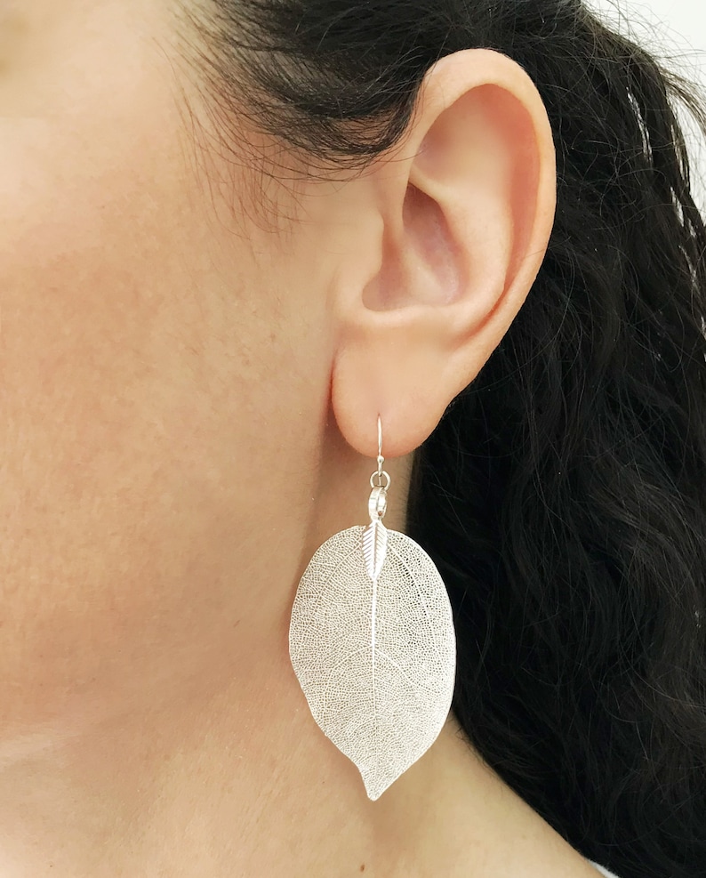 Real leaf earrings, Silver leaf earrings dangle, Statement earrings, Boho Bridal earrings, Natural Jewelry, gift for women, gift for her image 2