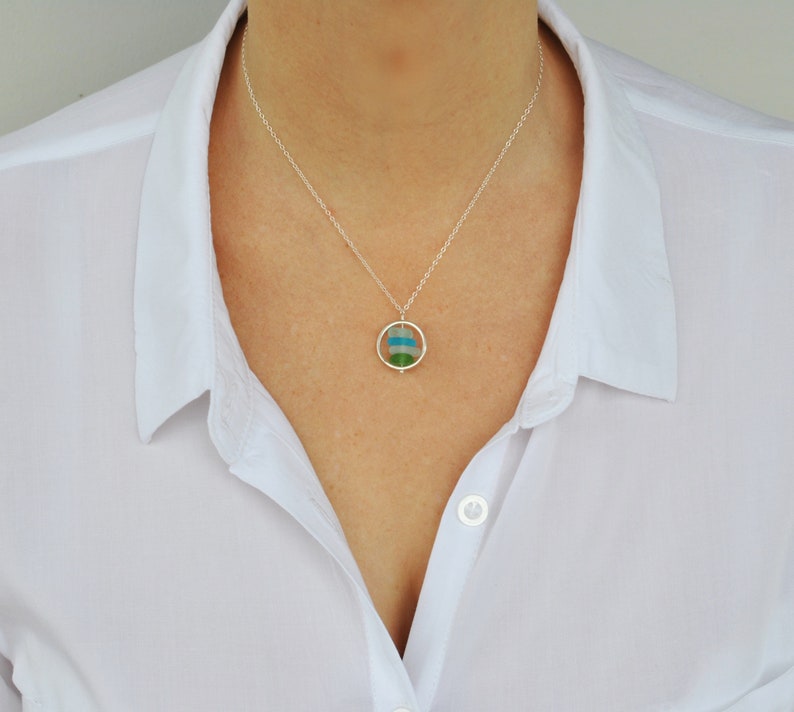 Genuine Sea Glass Necklace Sterling Silver, Sea Glass Jewelry, Circle Necklace Green Blue Handmade Jewelry Unique Gift For Women Friend Gift image 5