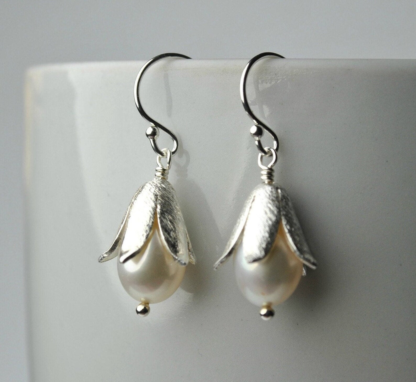 Flower Lily Pearl Earrings in Sterling Silver Pearl Drop Etsy