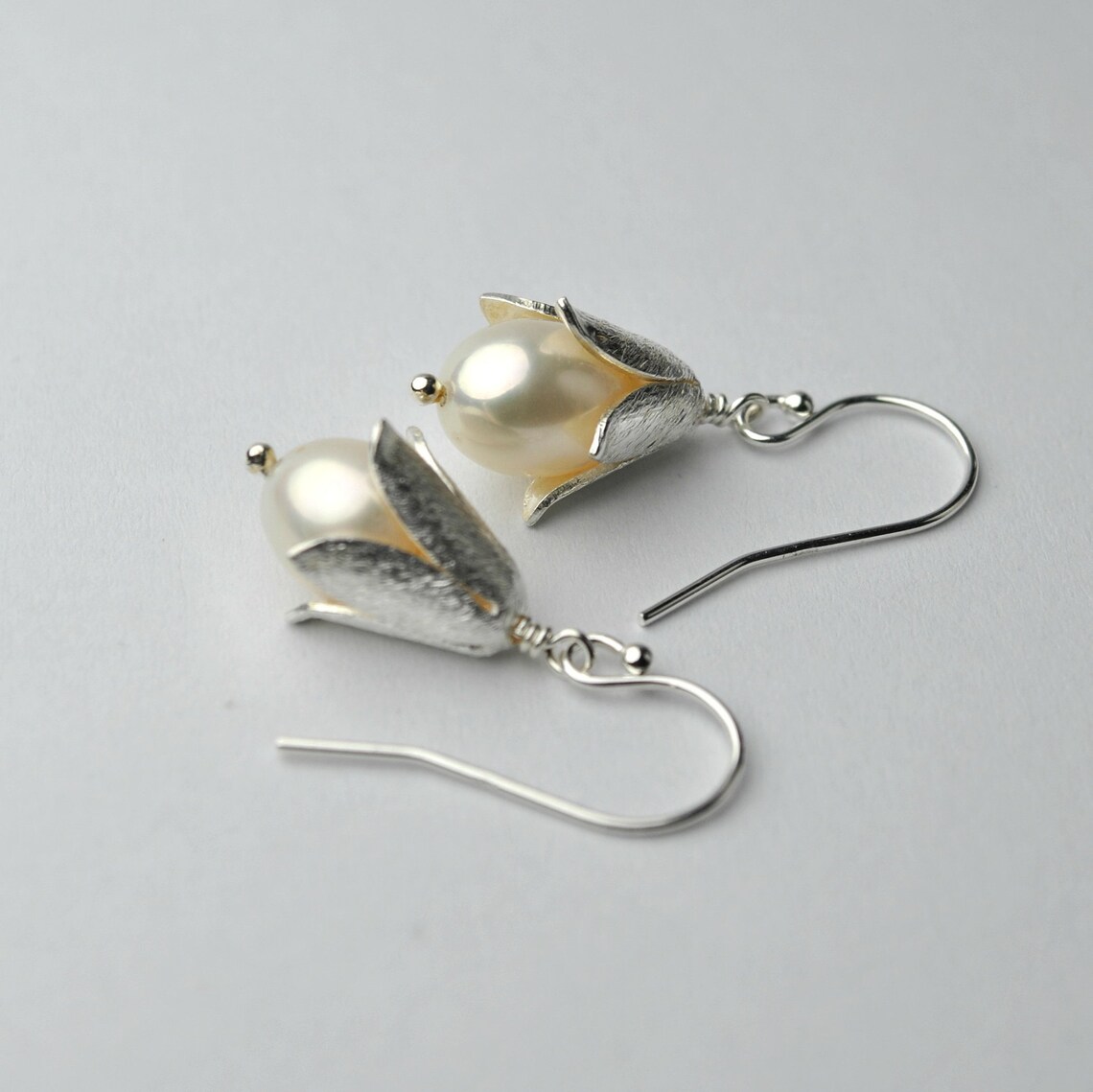Flower Lily Pearl Earrings in Sterling Silver Pearl Drop Etsy