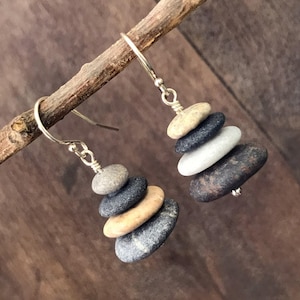Stacked beach stone earrings, Sterling silver 925, Raw beach pebble earrings, Dangle cairn earrings, Natural stone jewelry, Boho earrings