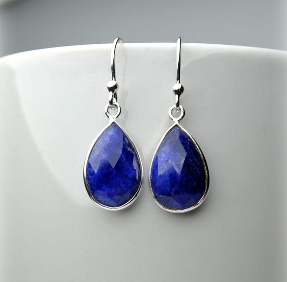 Genuine Sapphire Earrings: Sterling Silver Dainty Blue Drop Earrings September Birthstone Jewelry