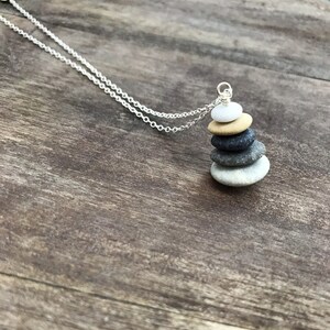 Beach stone necklace, sterling silver, cairn necklace, stacked raw stones, beach pebble pendant, boho necklace, natural jewelry gift for her image 6