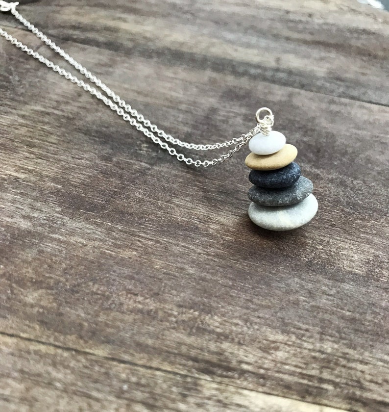 Beach stone necklace, sterling silver, cairn necklace, stacked raw stones, beach pebble pendant, boho necklace, natural jewelry gift for her image 6