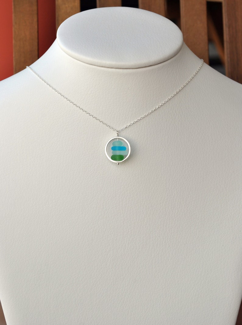 Genuine Sea Glass Necklace Sterling Silver, Sea Glass Jewelry, Circle Necklace Green Blue Handmade Jewelry Unique Gift For Women Friend Gift image 3