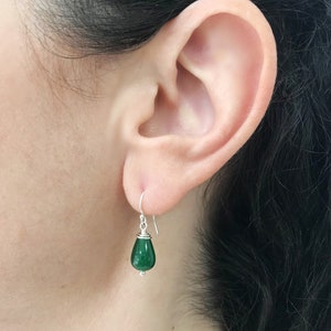 Green Jade Earrings Sterling Silver Small Green Drop Earrings Simple Dangle Earrings for Everyday Wear Jade Mothers Day Gift for Women image 2