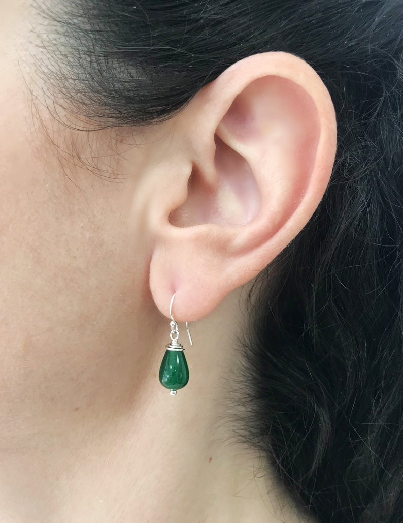 Green Jade Earrings Sterling Silver Small Green Drop Earrings Simple Dangle Earrings for Everyday Wear Jade Mothers Day Gift for Women image 2