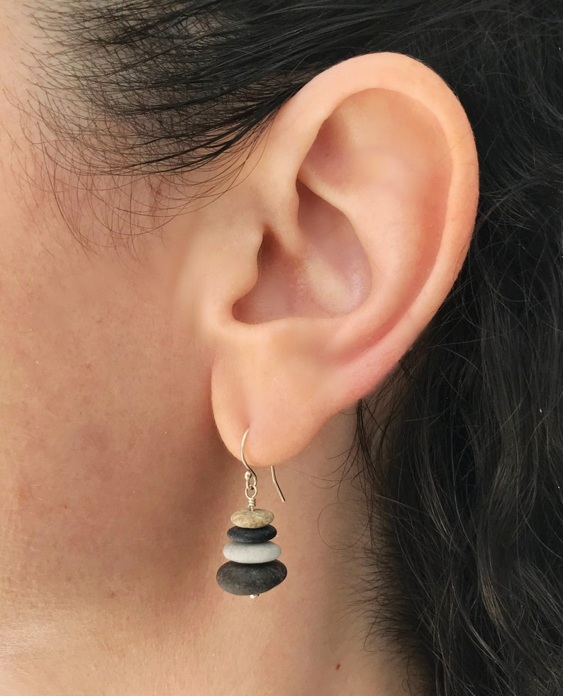 4 Stacked beach stone earrings, Sterling silver 925, Raw beach pebble earrings, Dangle cairn earrings, Natural stone jewelry, Boho earrings image 2