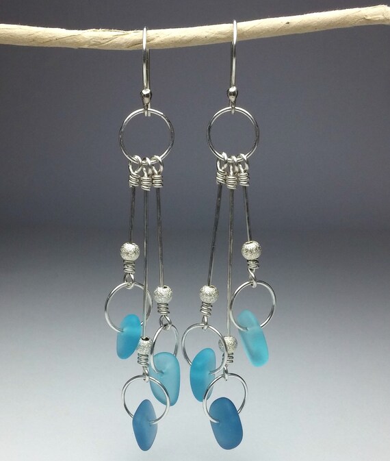 Turquoise & Silver 'Seaglass' Handmade Earrings Drop Bead Earrings Handmade Jewellery Glass Glow Beads Dangle Earrings Boho Earrings