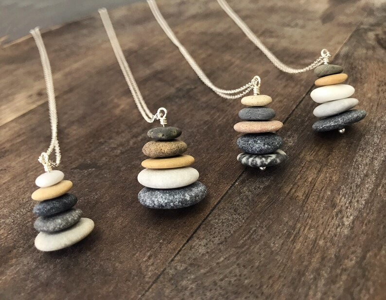 Beach stone necklace, sterling silver, cairn necklace, stacked raw stones, beach pebble pendant, boho necklace, natural jewelry gift for her image 1