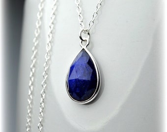 Genuine Sapphire Necklace Sterling Silver Chain | September Birthstone Sapphire Pendant | Blue Stone Drop Necklace | Birthday Gift for Women