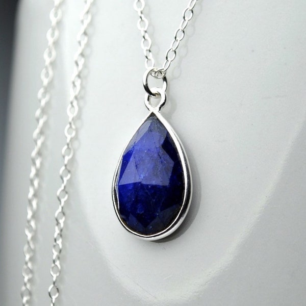 Genuine Sapphire Necklace Sterling Silver Chain | September Birthstone Sapphire Pendant | Blue Stone Drop Necklace | Birthday Gift for Women