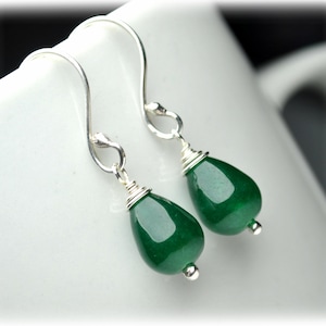 Green Jade Earrings Sterling Silver Small Green Drop Earrings Simple Dangle Earrings for Everyday Wear Jade Mothers Day Gift for Women image 1