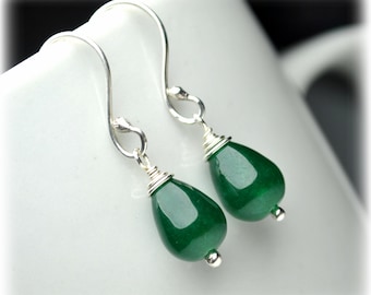 Green Jade Earrings Sterling Silver Small Green Drop Earrings Simple Dangle Earrings for Everyday Wear Jade Handmade Jewelry Gift for Women