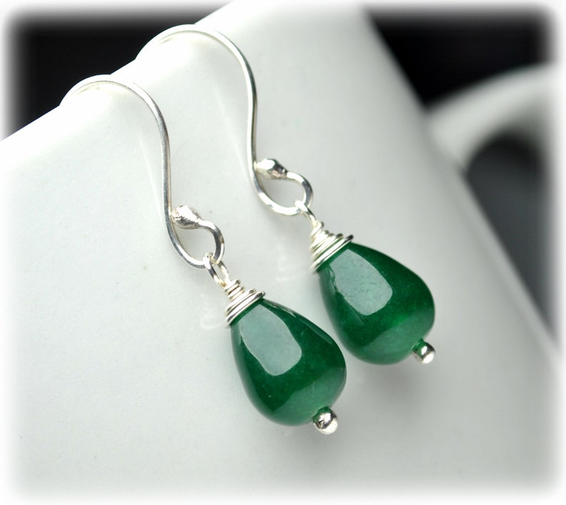 Green Jade Earrings Sterling Silver Small Green Drop Earrings Simple Dangle Earrings for Everyday Wear Jade Handmade Jewelry Gift for Women image 1