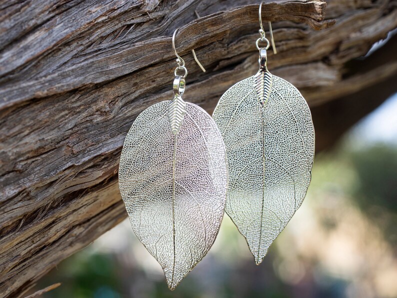 Real leaf earrings, Silver leaf earrings dangle, Statement earrings, Boho Bridal earrings, Natural Jewelry, gift for women, gift for her image 4