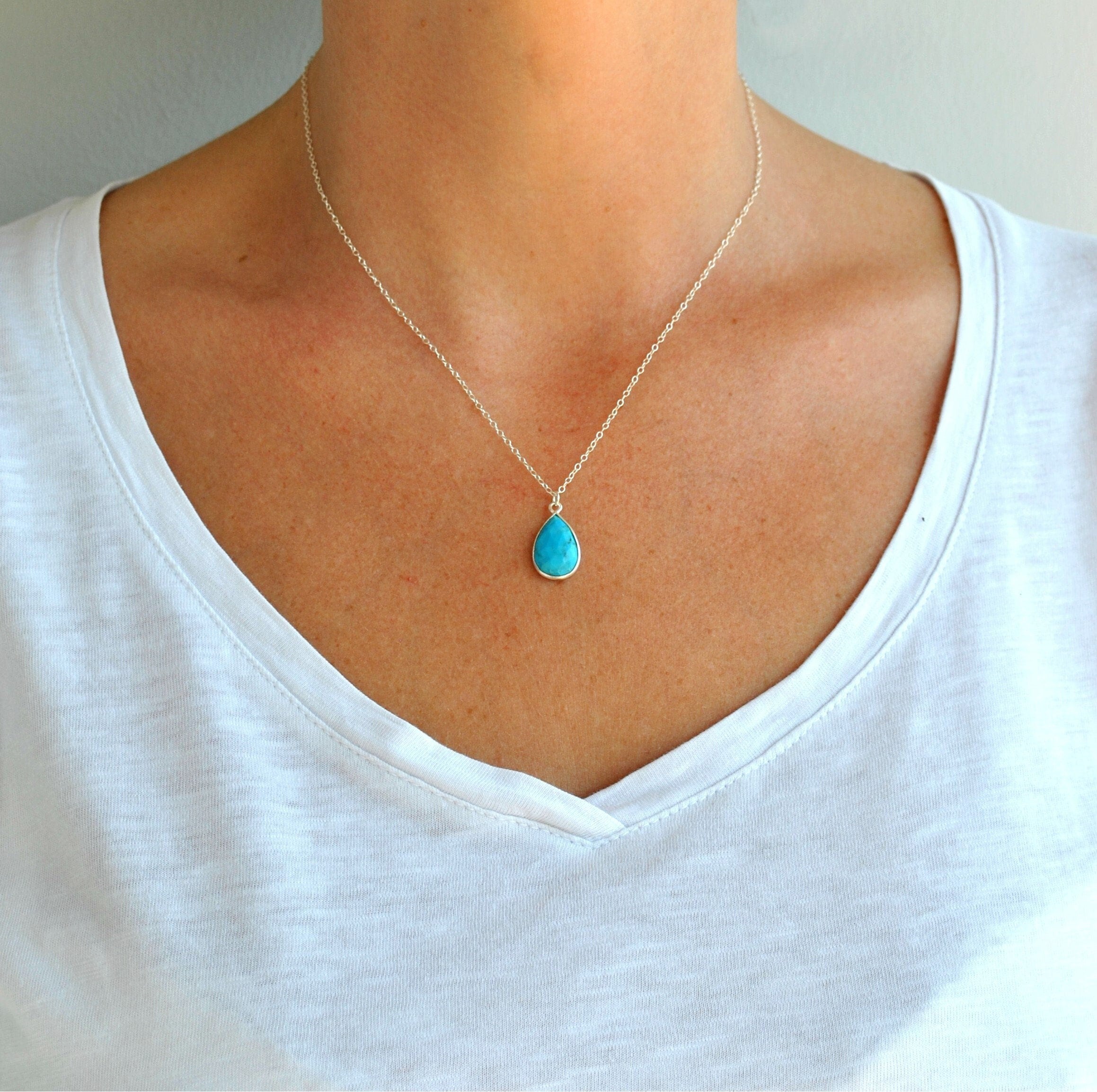 Turquoise Necklace, Sterling Silver, Genuine Turquoise Drop