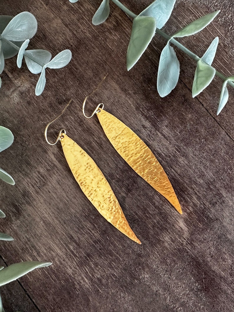 Olive leaf earrings, hammered gold dangle earrings, handmade brass lightweight earrings made in Greece, statement boho earrings gift for her image 6