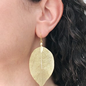 Real leaf earrings, 24K Gold leaf earrings dangle, Boho earrings, Gold drop earrings, Statement earrings, Veined leaves, Unique gift for her image 2