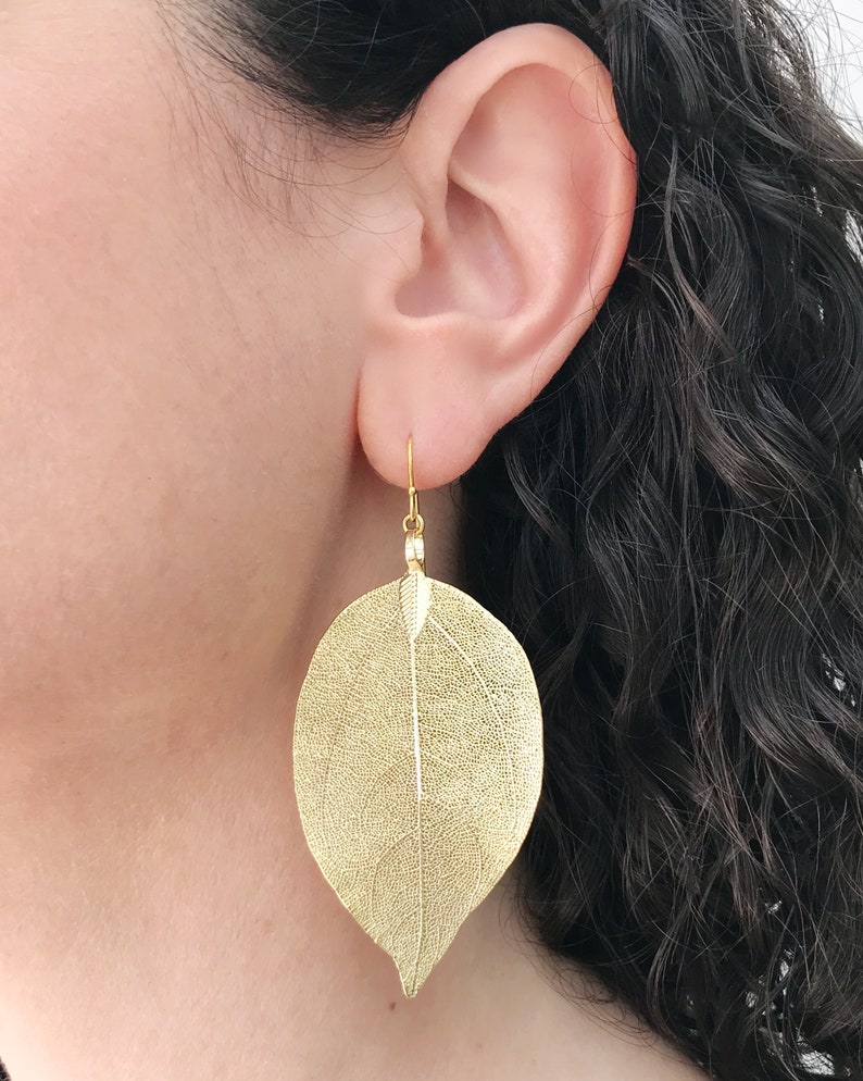 Real leaf earrings, 24K Gold leaf earrings dangle, Boho earrings, Gold drop earrings, Statement earrings, Veined leaves, Unique gift for her image 2